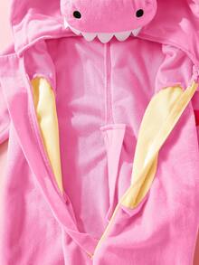 SHEIN 新生儿可爱趣味水晶毛绒3D恐龙造型连体衣，长袖长裤 - 珊瑚粉 - 查看 5