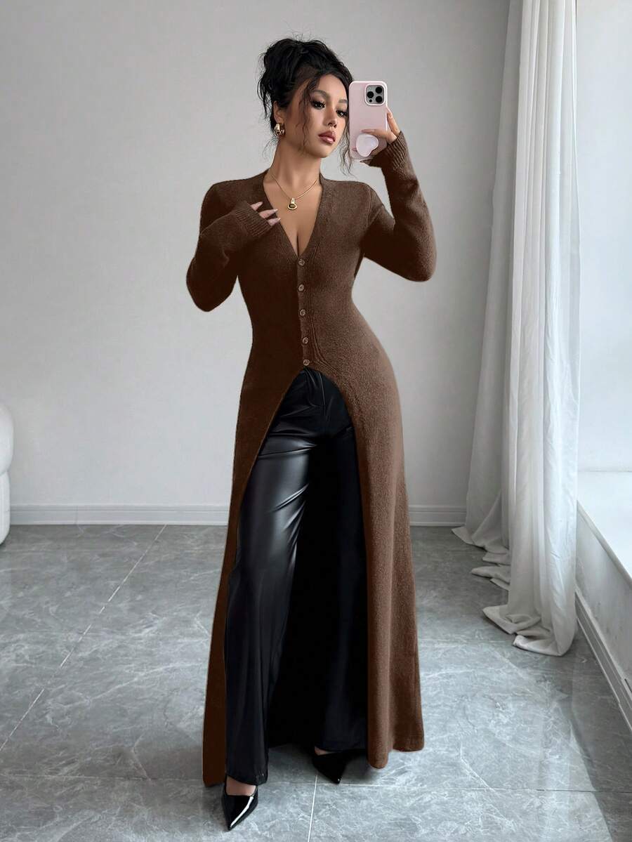 Elenzga Women's Autumn/Winter Casual Vintage Inspired Cardigan, Versatile & Elegant, Suitable For Outings, Dates, Work, School, And More - Coffee Brown - View 1