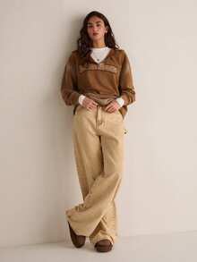 Easelle 女士休闲时尚街头风棕色刺绣字母袋鼠口袋卫衣，春秋季 - 棕色 - 查看 4