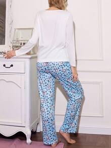 Cute Cartoon Rabbit & Leopard Print Pattern Women Pajama Set, Winter Clothes - Multicolor - View 2