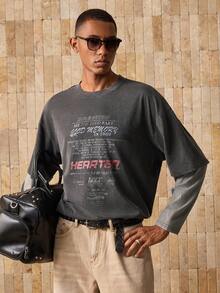 SWAVVY 男士针织休闲宽松字母图案拼色都市长袖T恤，英文图案印花拼接设计，开学季，夏季 - 黑色 - 查看 6