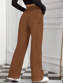 SHEIN EZwear Women's Casual Everyday Commute Solid Color Corduroy Straight Leg Pants - Coffee Brown - View 2