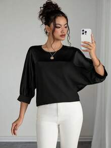 Rafferiza Women's Casual Loose Patchwork Mid-Sleeve Black Shirt, Suitable For All Seasons - Black - View 7
