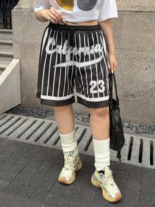 SHEIN EZwear 大码黑白字母条纹休闲高街膝盖长度短裤，夏季 - 黑與白 - 查看 4
