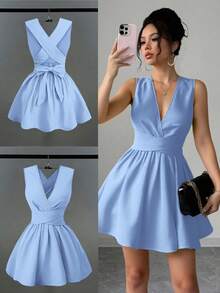 Franclia 女士浪漫优雅性感婚礼宾客纯色交叉 V 领无袖 A 字迷你连衣裙，演唱会服装百搭设计，适合海滩、派对、春夏口袋晚礼服露背奶油黄短裙