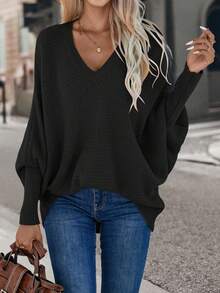 Écloséra Pull ample à manches longues et col en V, couleur unie, pour femmes, automne/hiver