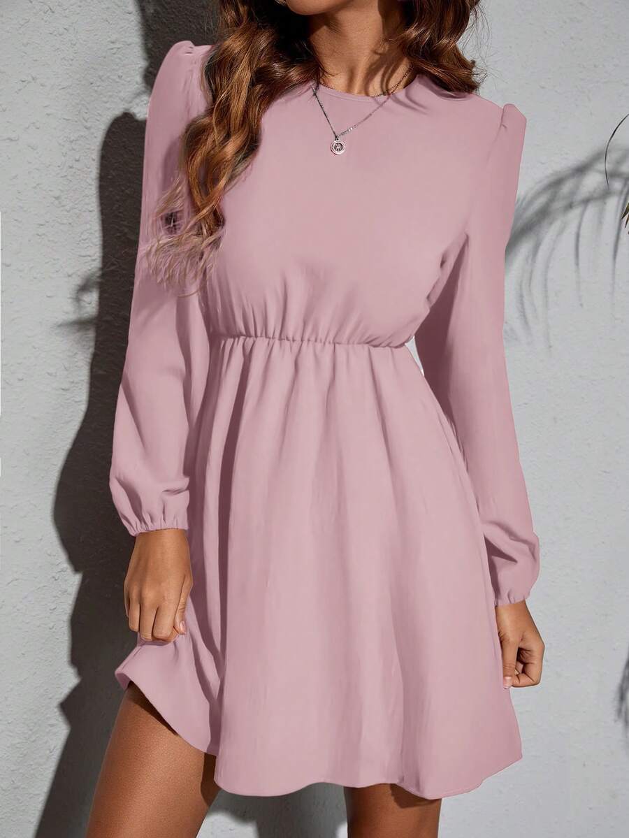 SHEIN Clasi 女士纯色圆领泡泡袖休闲中长连衣裙，适合音乐节穿着 - 藕粉色 - 查看 1