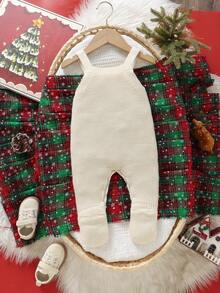 SHEIN 新生儿白色针织连体衣，带英文字母刺绣的背带裤，休闲百搭设计，适合宣布宝宝出生，男宝宝第一个圣诞节服装，我的第一个圣诞节宝宝服装，男宝宝圣诞节服装，宝宝圣诞节公告服装，针织圣诞连体衣，宝宝第一个圣诞节服装 - 米色 - 查看 2