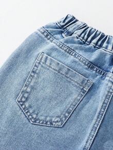 SHEIN ChillGRL Tween Girl Oversized Vintage-Style Multicolor Embroidered Academy Casual Relaxed Fit Comfortable Washed Light Blue Denim Wide Leg Pants Summer Holiday - Light Wash - View 5