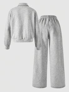 SHEIN ChillGRL 青少年女孩两件套春/秋/冬休闲立领字母图案运动衫和短裤 - 淺灰色 - 查看 2