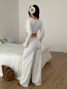 CovetEZ 两件套女士休闲撞色腰带裤和露脐上衣套装 - 淺灰色 - 查看 5