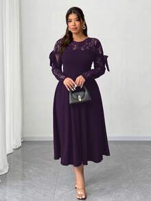 Elenzga 大码女士优雅蕾丝拼接连衣裙 - 紫色 - 查看 3
