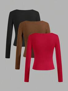 SHEIN EZwear 3pcs/Set Casual Solid Color Black, Brown, Red Long Sleeve Fitted Women T-Shirts, Suitable For Spring, Summer, Autumn, Winter Autumn And Winter,Fall Clothes For Women