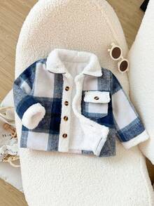 Playful Pals 1件男婴毛绒内衬复古格子领外套，蓝白加厚格子休闲拉链外套，带口袋，适合秋冬季日常穿着