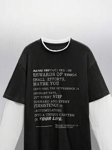 SWAVVY Men's Knitted Casual Daily Younger Generation English Text Print Patchwork Loose Long Sleeve T-Shirt, Summer, School, Fall - Grey - View 3