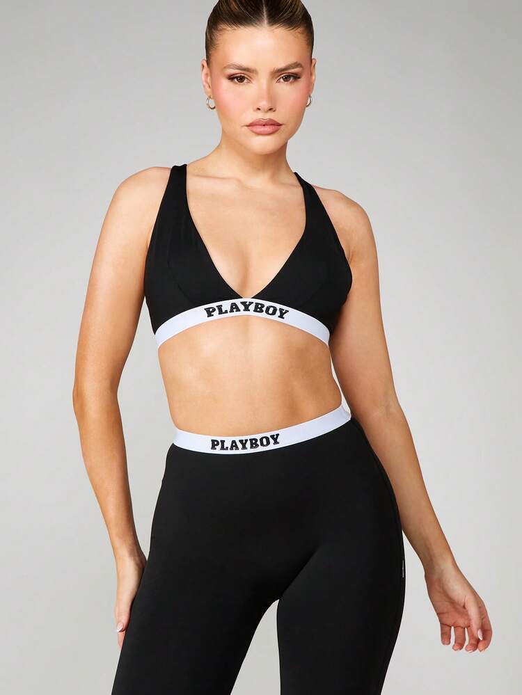 Missguided x Playboy Sujetador deportivo de compresión con cuello en V profundo y espalda de tirantes con cinta con logo