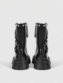 ROMWE Grunge Punk 时尚通勤铆钉装饰厚底踝靴 - 黑色 - 查看 6