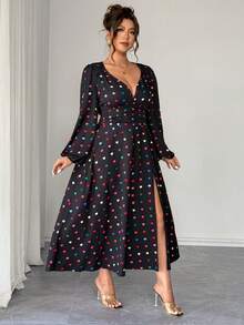 Elenzga Plus Size V-Neck Heart Print Slit Hem Dress - Multicolor - View 6