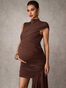 MaterniChic Vestido de maternidad elegante para fiesta de unicolor con drapeado ajustado y bajo asimétrico - Marrón - Ver 6