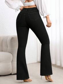 SHEIN PETITE 女士纯色高腰修身休闲百搭日常喇叭牛仔裤 - 黑色 - 查看 2