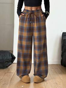 SHEIN PETITE 女士秋冬街头复古外出休闲宽松格纹阔腿裤 - 彩色 - 查看 3
