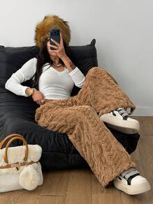 Coolane 女士抽绳腰带蓬松纹理阔腿休闲宽松裤 - 卡其色 - 查看 2