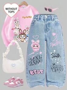 SHEIN ChillGRL Fashionable Young Girls Light Wash Denim Jeans With Playful Rabbit Heart And Letter Prints Straight Leg Long Pants Kids Fashion