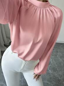 SHEIN Clasi 休闲优雅立领插肩袖宽松缎面衬衫 - 粉色 - 查看 6