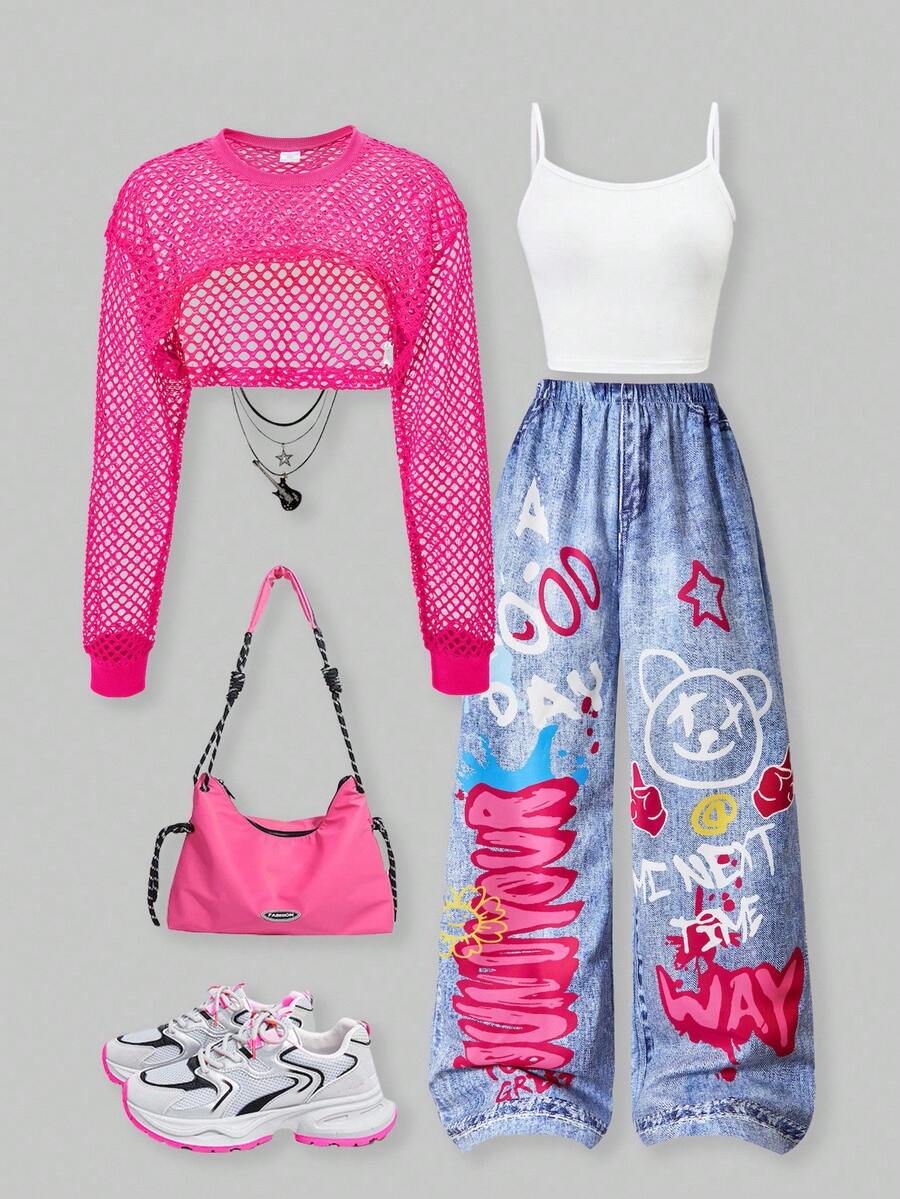 SHEIN ChillGRL 青少年女孩 3 件套服裝組合:寬鬆牛仔效果長褲、短版細肩帶背心上衣、長袖網紗連帽上衣,街頭風 Y2K 時尚穿搭 - 玫紅色 - 查看 1