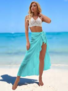 Swim Vcay Solid Color Ruffled Hem Sheer Sexy Summer Beach Cover-Up - Mint Blue - View 5