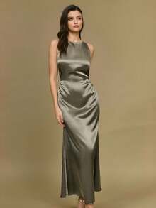 Poéselle 女士纯色简约日常交叉系带连衣裙 - 橄欖綠 - 查看 8