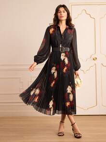 Lilora 女士休闲长袖收腰长连衣裙 - 黑色 - 查看 6