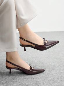 CUCCOO BIZCHIC 女士优雅时尚咖啡色PU尖头蝴蝶结镂空细高跟凉鞋 - 咖啡棕 - 查看 1