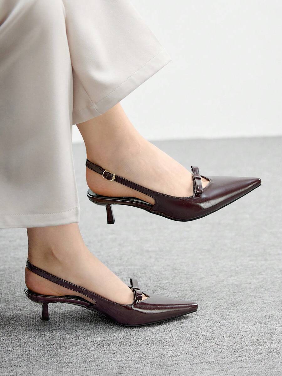 CUCCOO BIZCHIC 女士优雅时尚咖啡色PU尖头蝴蝶结镂空细高跟凉鞋 - 咖啡棕 - 查看 1