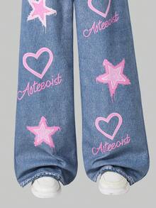 SHEIN ChillGRL 两件套少女星形字母印花保暖连帽卫衣搭配休闲阔腿牛仔裤，适合日常通勤和街拍穿搭，秋冬季 - 粉色 - 查看 3