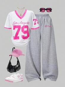 SHEIN ChillGRL 2件套女童休闲V领针织印花T恤和阔腿运动裤套装，春夏时尚运动装 - 彩色 - 查看 1
