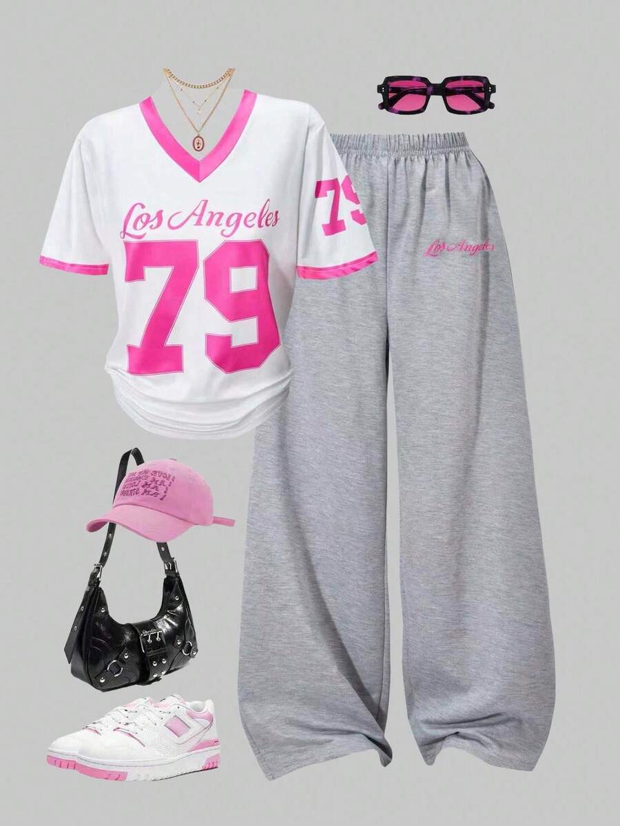 SHEIN ChillGRL 2件套女童休闲V领针织印花T恤和阔腿运动裤套装,春夏时尚运动装 - 彩色 - 查看 1