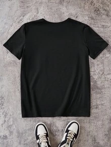 SHEIN Áo thun tay ngắn cổ tròn in họa tiết cho bé trai tuổi mới lớn thời trang thường ngày - màu đen - Xem 2