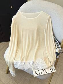 Franclia Camiseta feminina casual folgada com mangas compridas e detalhes assimétricos em babados. - Damasco - Ver 3