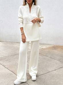 EURMUSE Elegant Cable Knit Sweater With Zipper & Sweater Pants Co-Ords - White - View 1