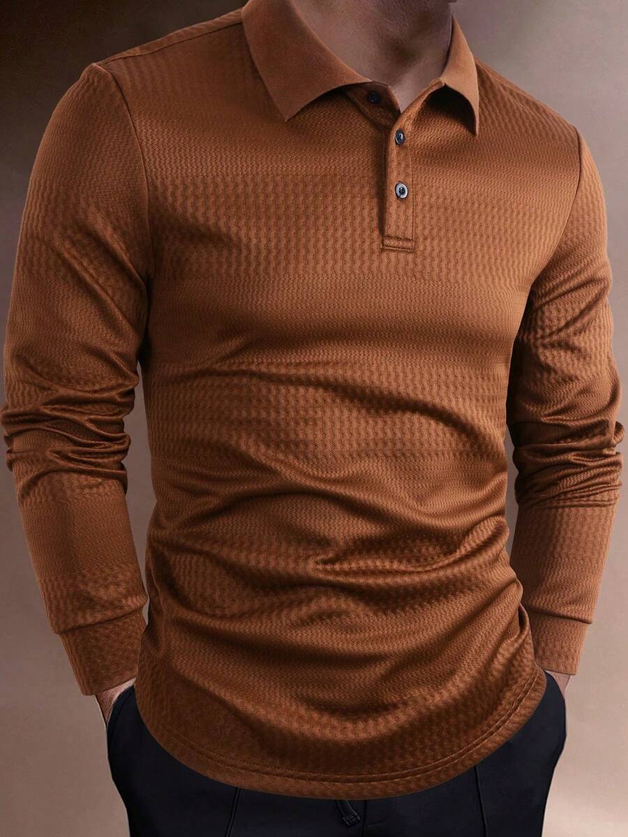 Manfinity Homme 男士休闲商务通勤纯色纹理面料长袖Polo衫，春秋季棕色长袖Polo衫，锈红色男士衬衫，棕色上衣，棕色Polo衫，长袖针织男士衬衫，复古风格，适合日常休闲、周末旅行、户外活动、探险旅行、轻松的工作环境或半正式场合，可作为男友/丈夫礼物、周年纪念/生日礼物、派对礼物、圣诞节礼物、新年礼物、婚礼礼物。 - 棕色 - 查看 1
