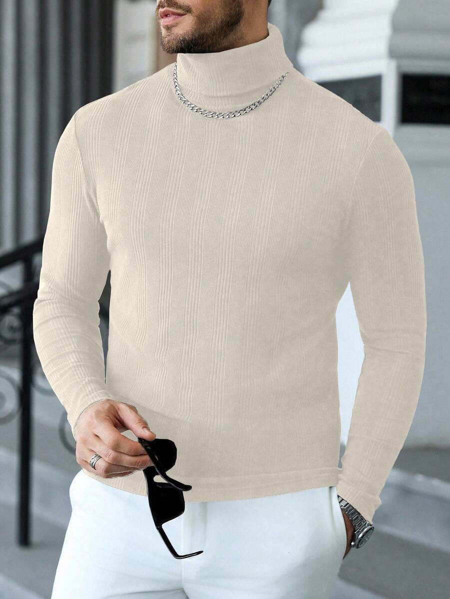 Manfinity CasualCool Áo thun nam cổ cao tay dài thường ngày, Thu/Đông - Màu be - Xem 1