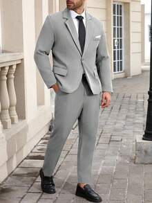 Manfinity Mode Plus Size Men's Business Commuter Suit Set(Blazer & Pants)Grey Suits For Men Slim Fit Wedding Classy Clothes Elegant Outfit, Formal, Ceremony - Light Grey - View 5