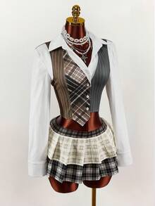 Amplova Bộ 3 món dành cho nữ gồm áo sơ mi kẻ caro, áo vest kẻ caro và chân váy mini kẻ caro chắp vá, gợi cảm và tiên phong, thích hợp mặc hàng ngày - Nhiều màu - Xem 4