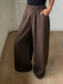 DAZY Women's Loose Solid Color Wide Leg Pants, Casual Street Style, Autumn/Winter - Brown - View 3