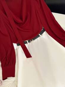 GlowEve Swing Collar Tie Blouse Paired With High Waist A-Line Contrast Color Skirt Set - Red - View 4
