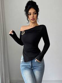 Selianne 新款秋冬斜肩长袖T恤，女士款，腰部金属扣收腰，褶皱不对称下摆针织上衣 - 黑色 - 查看 5