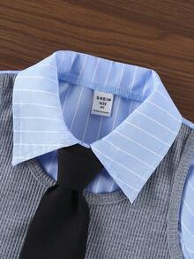 SHEIN 女童针织背心和长袖衬衫两件套，搭配复古格纹百褶裙，时尚休闲、上学、工作装。