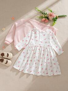 Souflis 2pcs Baby Girls' Ditsy Floral Sweater Jacket And Dress Set, Spring/Autumn - Baby Pink - View 3