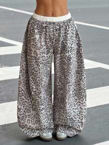 SHEIN EZwear Leopard Women's Casual Loose Fit Leopard Print Wide Leg Pants Cheetah Pants Cheetah Print Bottoms Leopard Pants Loose Pants - Grey - View 9